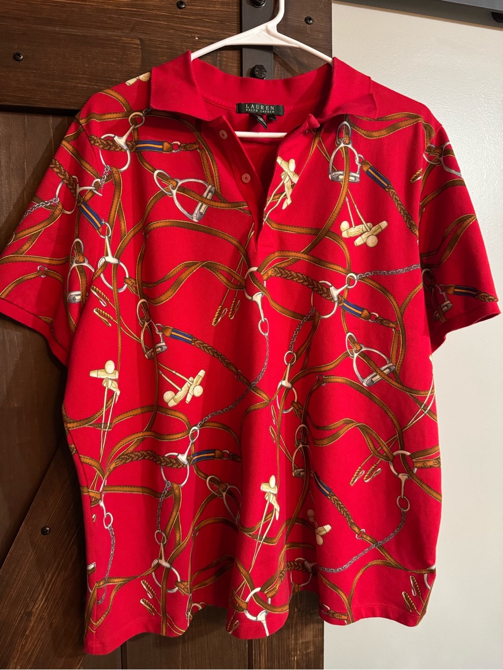 Ralph Lauren Red Polo with Gold & Brown Equestrian Print